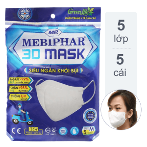 Khẩu trang Mebiphar 3D Mask siêu ngăn khói bụi gói 5 cái (giao màu ngẫu nhiên)
