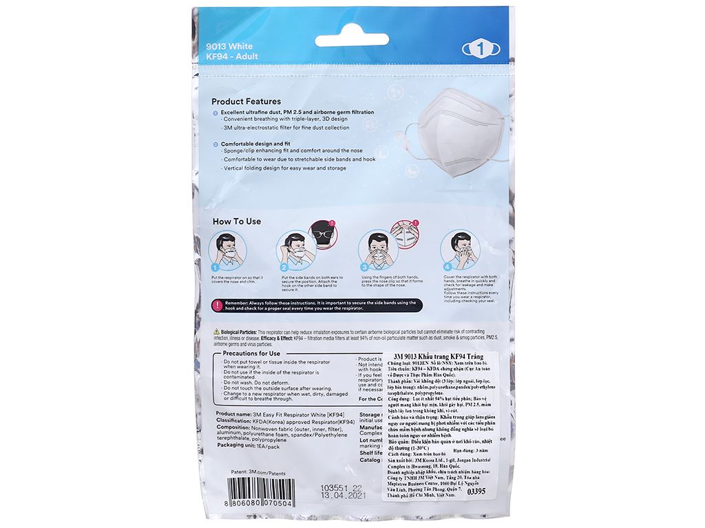 Khẩu trang 3M 3 lớp KF94 9013 màu trắng 3