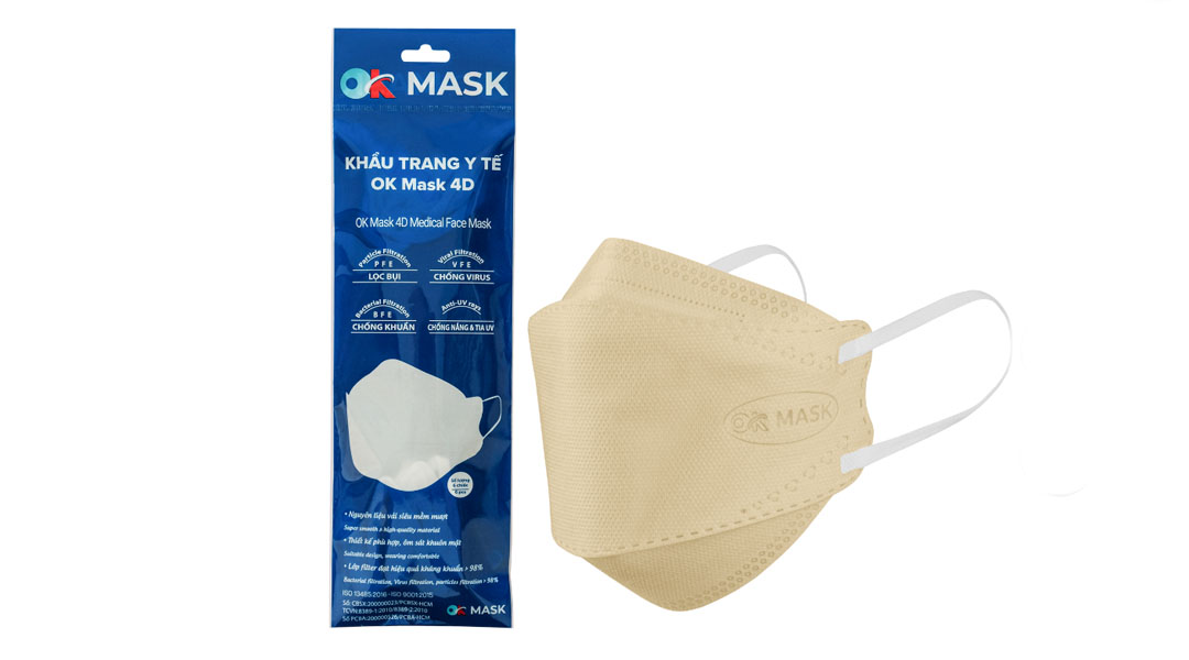 Khẩu trang y tế OK Mask 4D 3 lớp màu kem