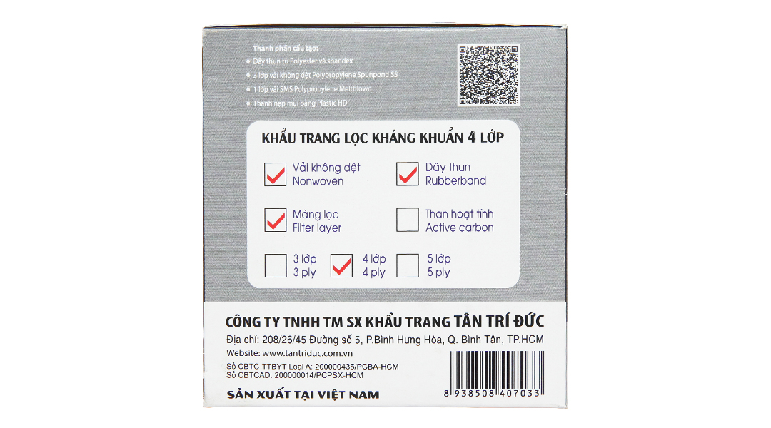 Khẩu trang y tế Trí Đức 4 lớp màu xám