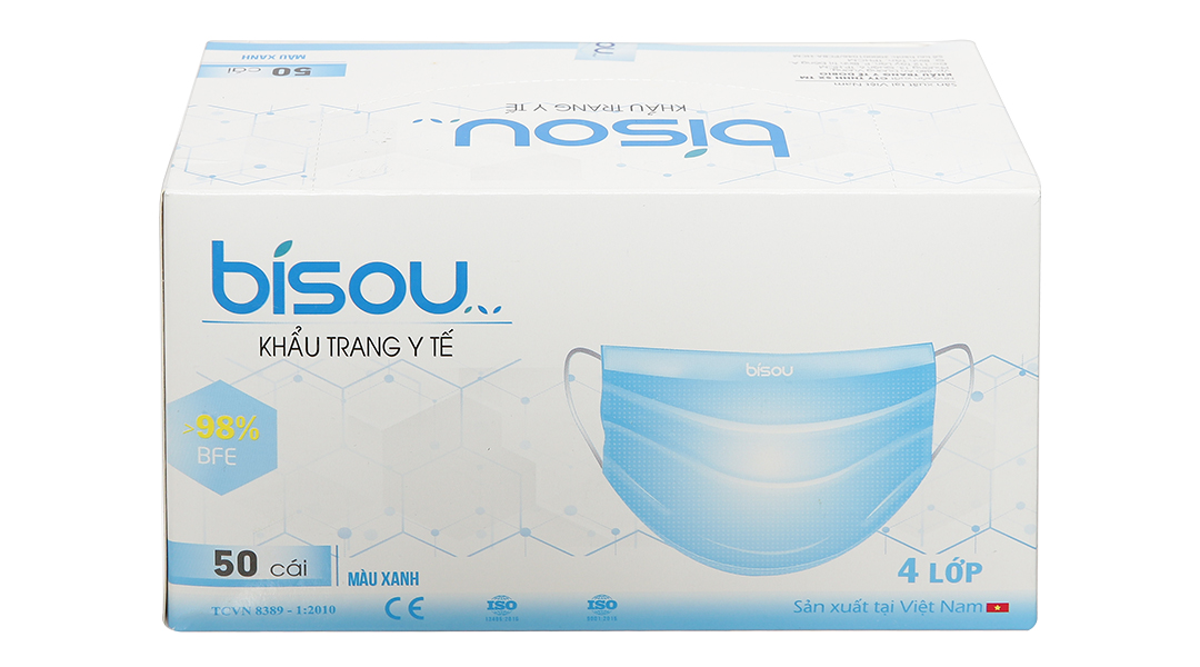 Khẩu trang y tế Bísou 4 lớp màu xanh