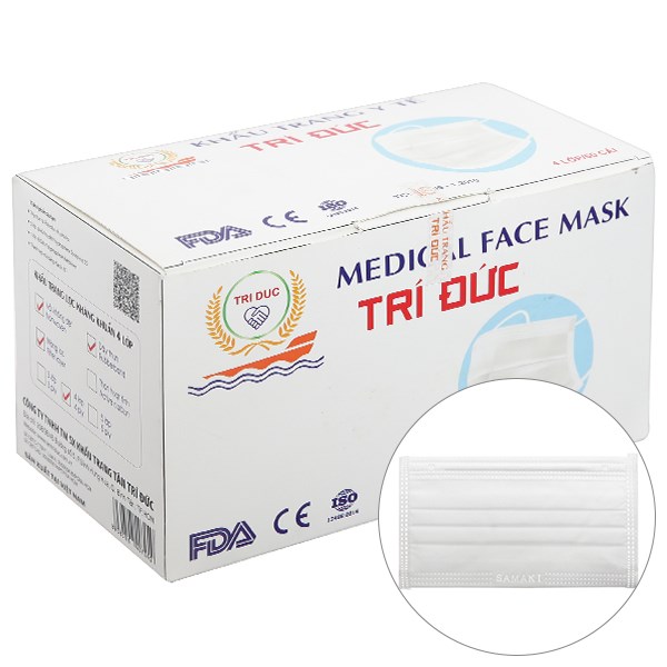 Khẩu trang y tế Trí Đức 4 lớp màu trắng hộp 50 cái