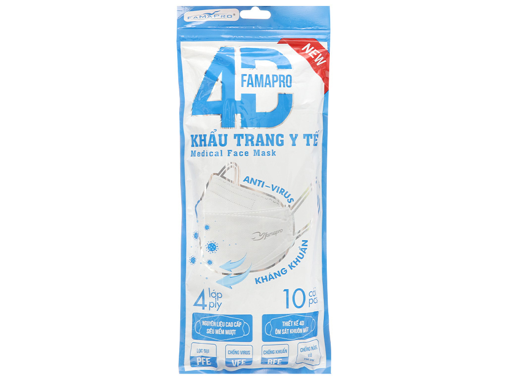 Thùng 30 bịch khẩu trang y tế Famapro 4D 4 lớp 300 cái màu trắng 1