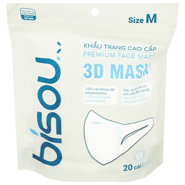 Khẩu trang y tế Bísou 3D Mask màu trắng size M gói 20 cái