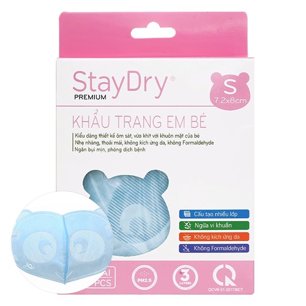 Hộp 10 Cái Khẩu Trang Y Tế Cho Bé Staydry 3 Lớp Size S - Màu Xanh