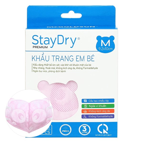 Hộp 10 Cái Khẩu Trang Y Tế Cho Bé Staydry 3 Lớp Size M - Màu Hồng