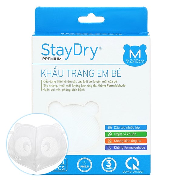 Hộp 10 Cái Khẩu Trang Y Tế Cho Bé Staydry 3 Lớp Size M - Màu Trắng