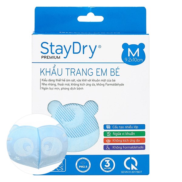 Hộp 10 Cái Khẩu Trang Y Tế Cho Bé Staydry 3 Lớp Size M - Màu Xanh