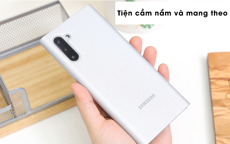 Bao da Samsung Galaxy Note 10 Clear View Bạc - Cầm gọn Bao da Samsung Galaxy Note 10 Clear View Bạc - Cầm gọn