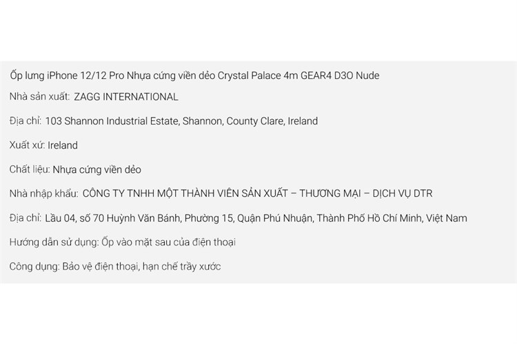 Ốp lưng iPhone 12/12 Pro Silicone GEAR4 D3O Crystal Palace 4m Chính hãng Màu Trắng