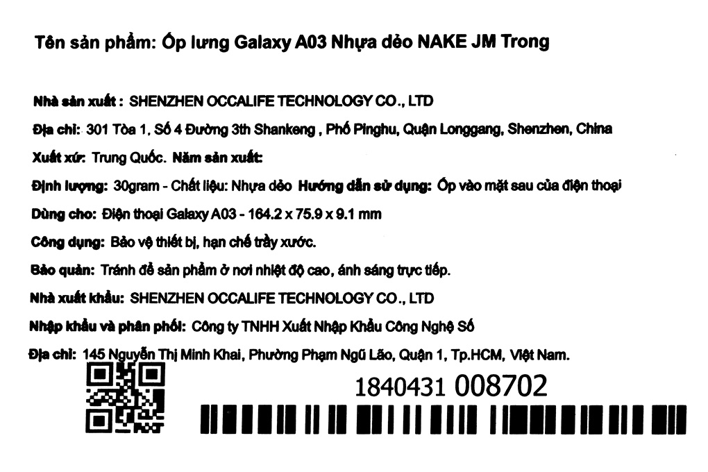 Ốp lưng Galaxy A03 Nhựa dẻo NAKE JM