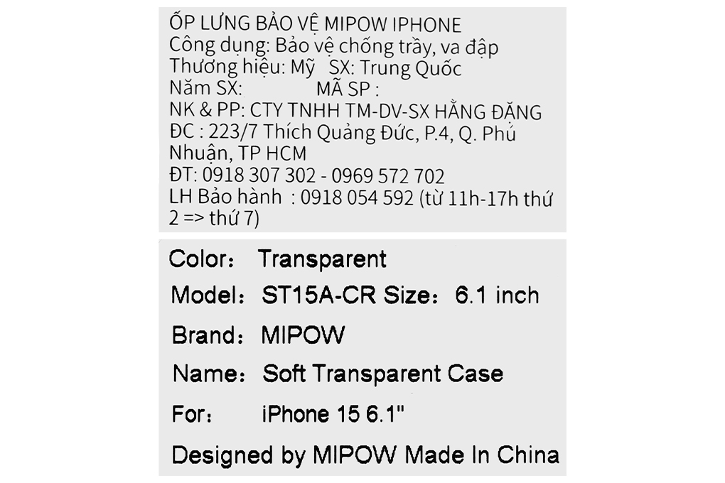 Ốp lưng iPhone 15 Nhựa dẻo TPU Mipow Ultra Thin ST15A-CR Màu Trắng