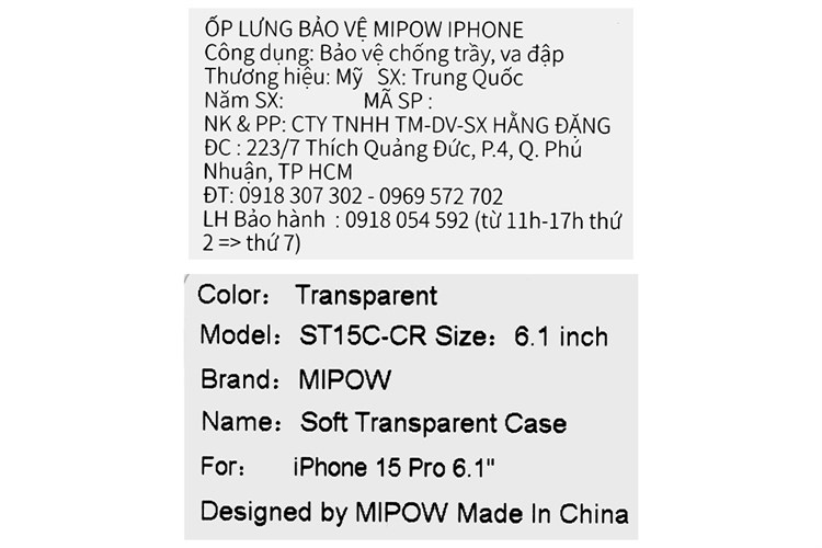 Ốp lưng iPhone 15 Pro Nhựa dẻo TPU Mipow Ultra Thin ST15C-CR Chính hãng Màu Trắng
