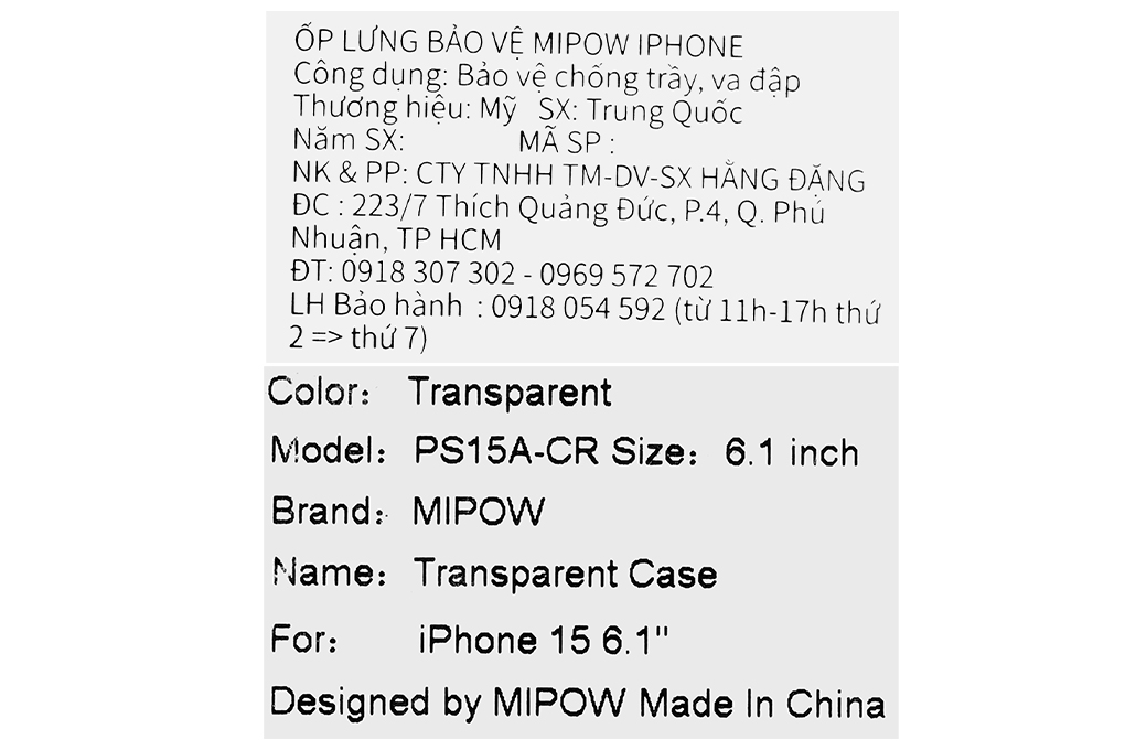 Ốp lưng iPhone 15 Nhựa cứng viền dẻo Mipow Tempered Glass PS15A-CR Màu Trắng