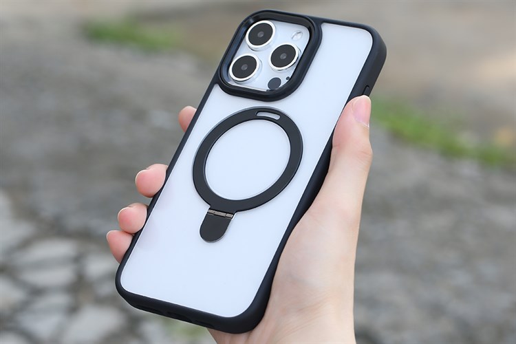 Ốp lưng MagSafe iPhone 15 Pro Max Nhựa cứng viền dẻo Mipow Ring Holder MC15C04-BK Chính hãng Màu Đen