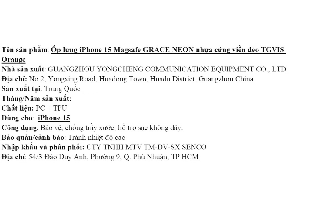 Ốp lưng MagSafe iPhone 15 Nhựa cứng viền dẻo TGVIS GRACE NEON Màu Cam