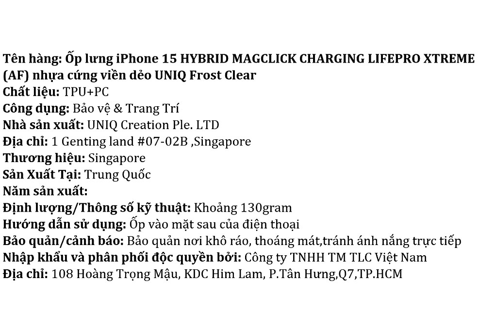 Ốp lưng MagSafe iPhone 15 Nhựa cứng viền dẻo UNIQ HYBRID MAGCLICK CHARGING LIFEPRO XTREME (AF) Màu Trắng