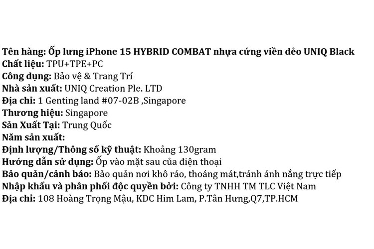 Ốp lưng iPhone 15 Nhựa cứng viền dẻo UNIQ HYBRID COMBAT Chính hãng Màu Đen