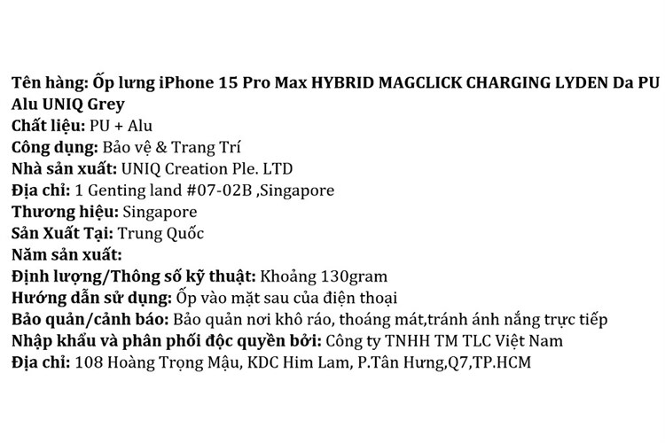Ốp lưng MagSafe iPhone 15 Pro Max Da PU Alu UNIQ HYBRID MAGCLICK CHARGING LYDEN Chính hãng Màu Xám