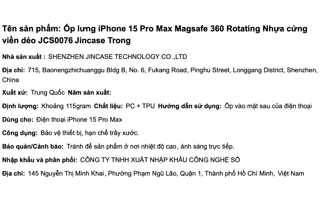 Ốp lưng Magsafe iPhone 15 Pro Max Nhựa cứng viền dẻo Jincase 360 Rotating JCS0076 Màu Trắng
