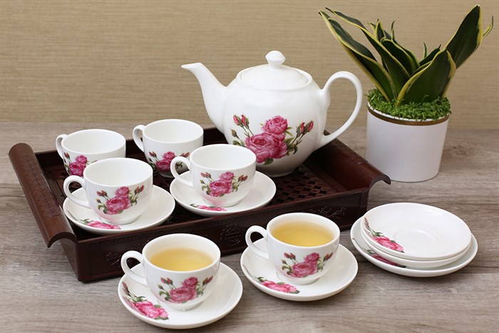 Bộ 14 món ấm trà sứ Minh Châu hoa hồng MC-BAT02
