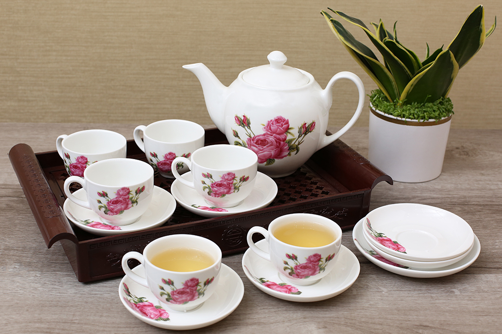 Bộ 14 món ấm trà sứ Minh Châu hoa hồng MC-BAT02