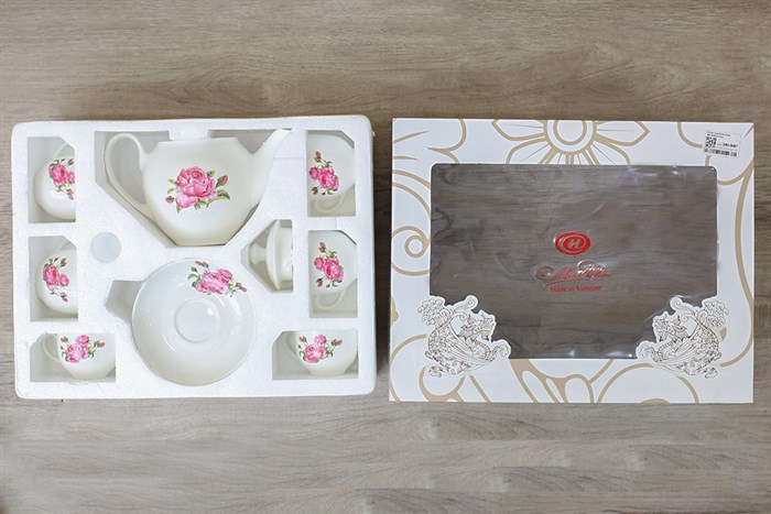 Bộ 14 món ấm trà sứ Minh Châu hoa hồng MC-BAT02