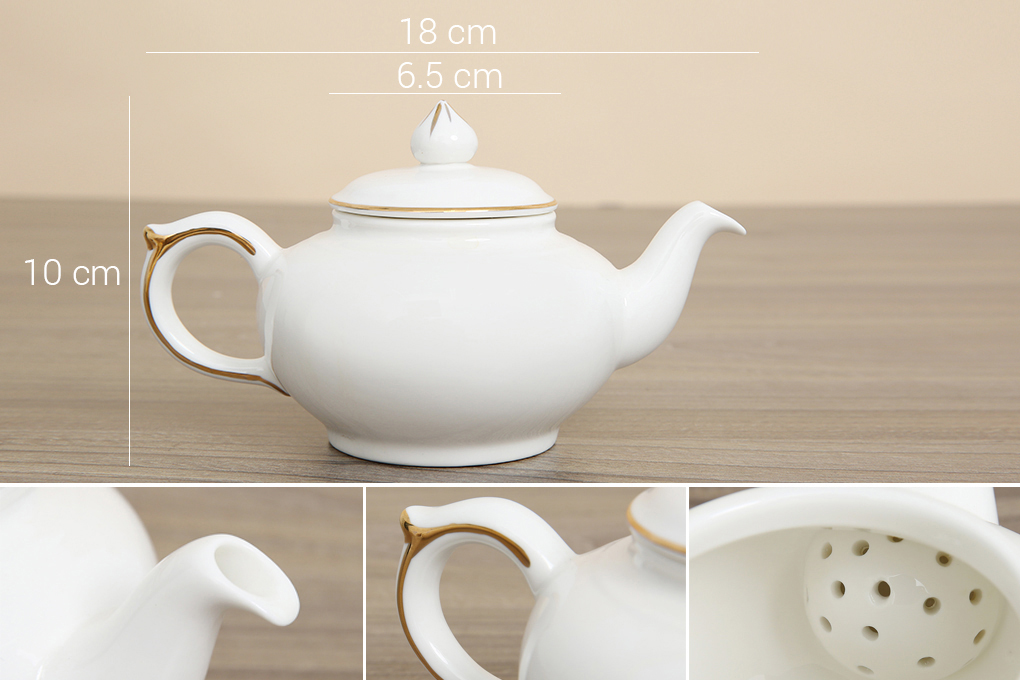 Bình trà đẹp mắt, kích cỡ 18 x 10 cm - Bộ ấm trà sứ Minh Châu 8 món miệng kẻ vàng MC-BAT05