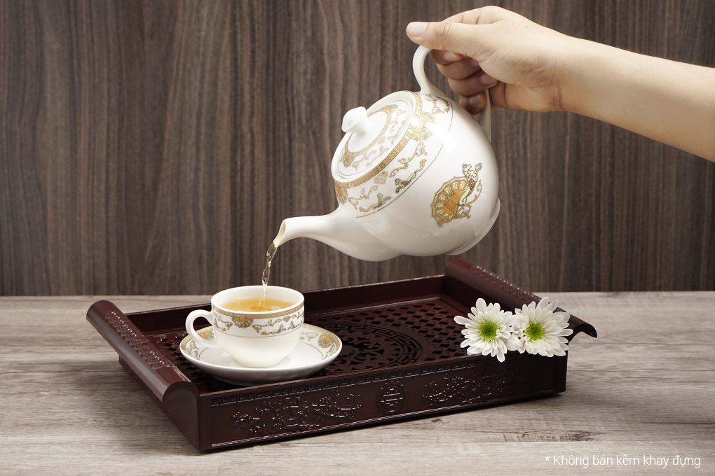 Bộ 14 món ấm trà sứ Minh Châu ngựa vàng MC-BAT01