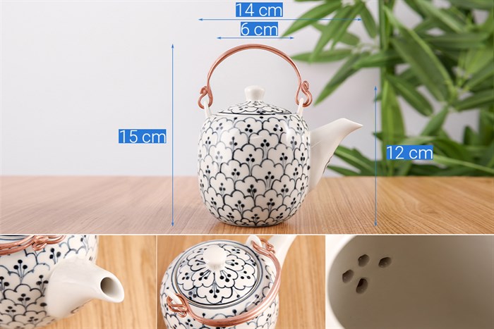 Bộ ấm trà kèm khay gỗ 8 món UNC FTS17 10 Hoa bèo Màu Trắng - Xanh