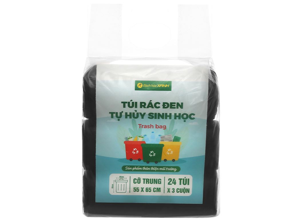 Lốc 3 cuộn túi rác đen tự huỷ sinh học Bách Hóa XANH 55x65cm (1kg) 1