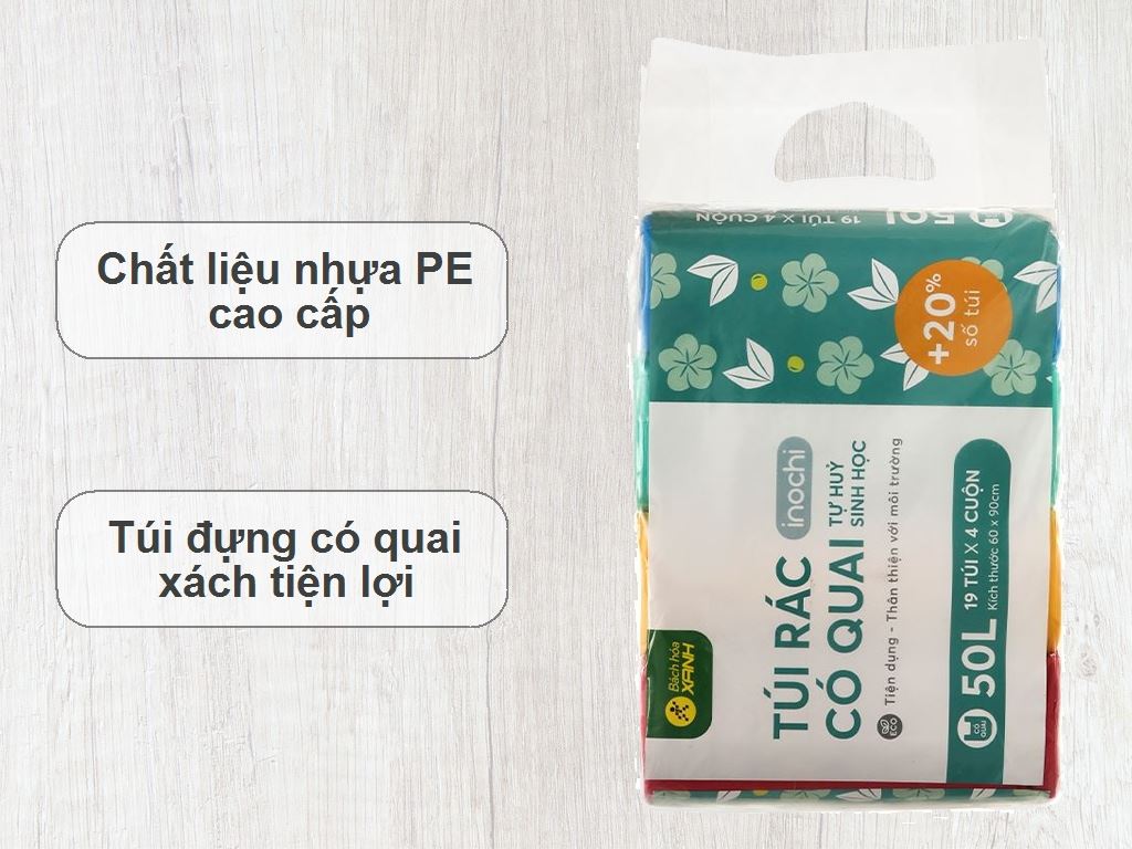 Lốc 4 cuộn túi rác nhiều màu quai xách tự huỷ sinh học Bách Hóa XANH 60x90cm 2