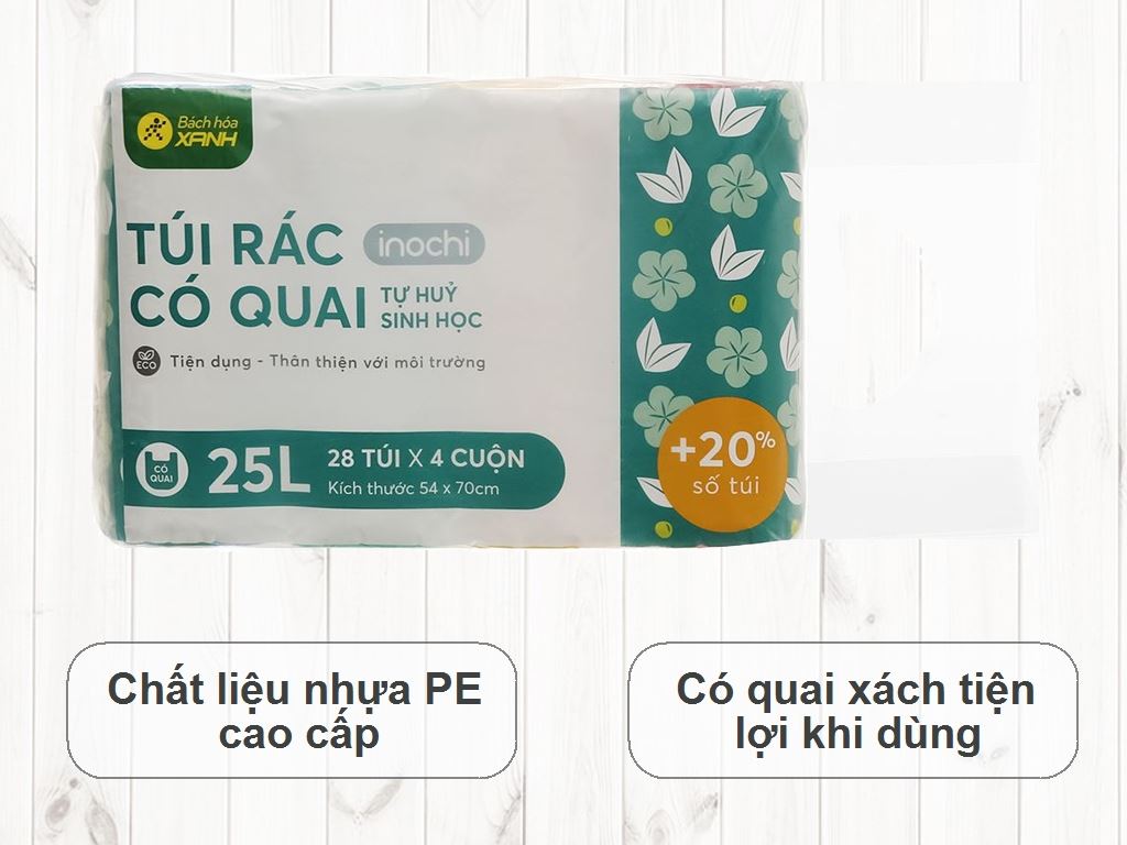 Lốc 4 cuộn túi rác nhiều màu quai xách tự huỷ sinh học Bách Hóa XANH 54x70cm 2