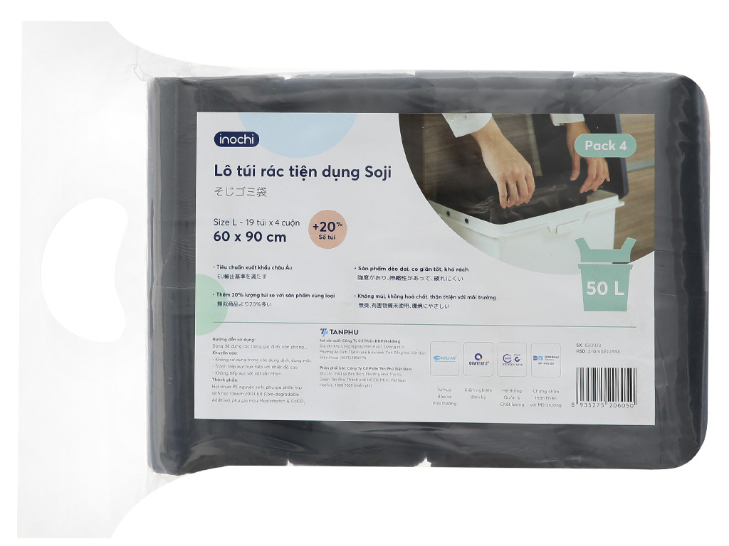 Lốc 4 cuộn túi đựng rác đen quai xách Inochi 60x90cm 2