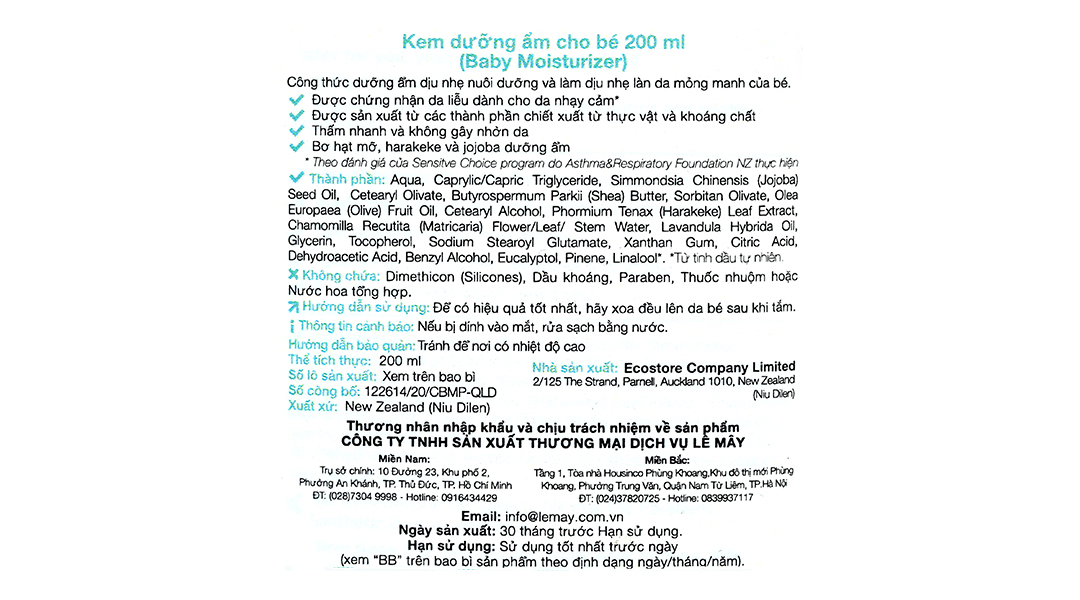 Kem dưỡng ẩm Ecostore bảo vệ da cho bé
