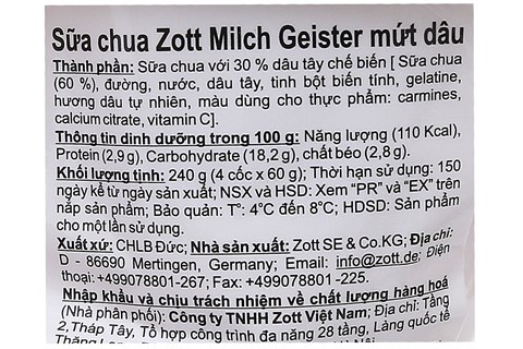 SỮA CHUA ĂN HOA QUẢ ZOTT MILCH GEISTER VỊ DÂU 60G LỐC 4-3