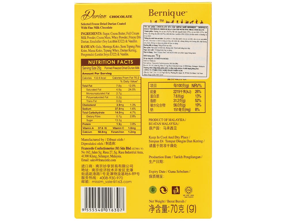 Socola sữa sầu riêng khô Bernique hộp 70g 4