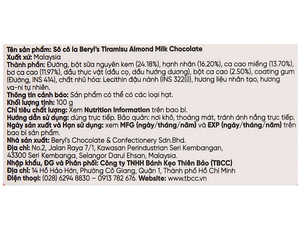 Socola tiramisu almond milk Beryl's hộp 100g 5