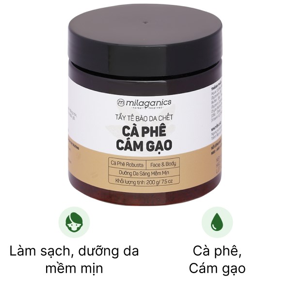 Tẩy tế bào da chết Milaganics cà phê cám gạo làm sạch, dưỡng sáng da