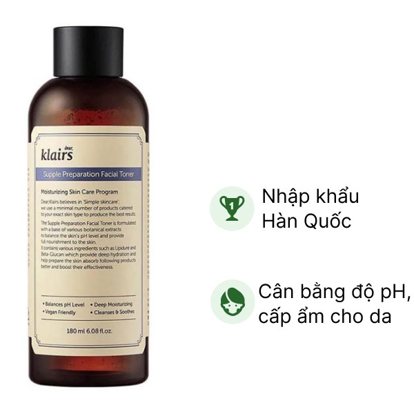 Nước hoa hồng Klairs Supple Preparation Facial cấp ẩm cho da chai 180ml