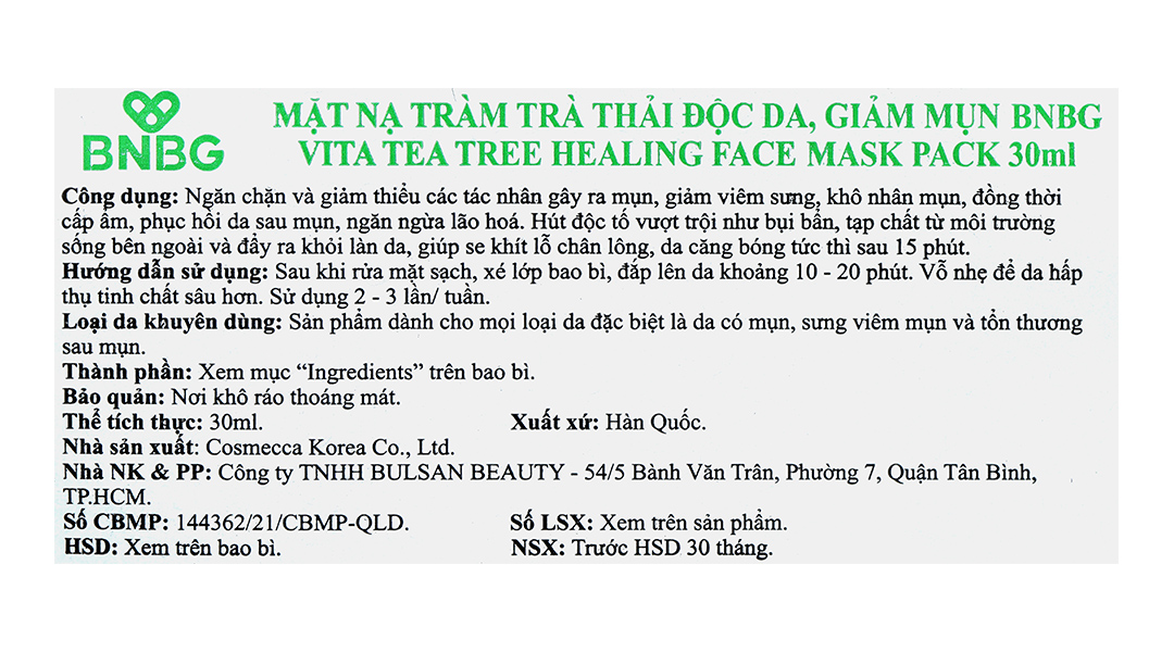 Mặt nạ BNBG Vita Tea Tree Tràm trà thải độc da, giảm mụn