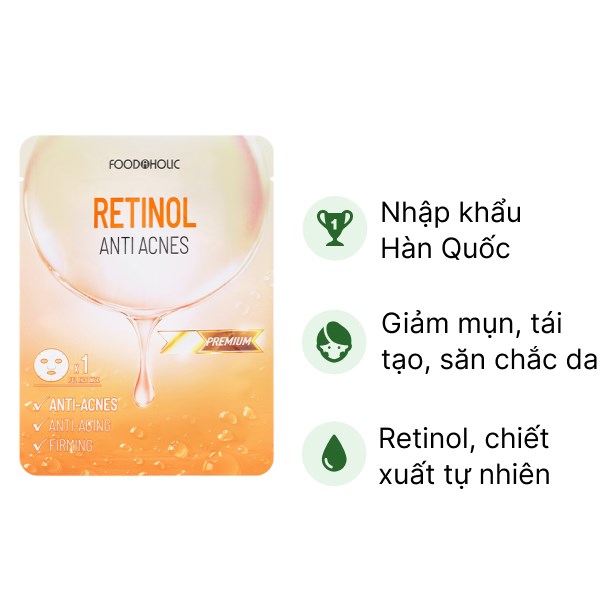 Mặt nạ Foodaholic Retinol Anti Acnes giảm mụn kháng viêm trẻ hóa làn da miếng 23ml