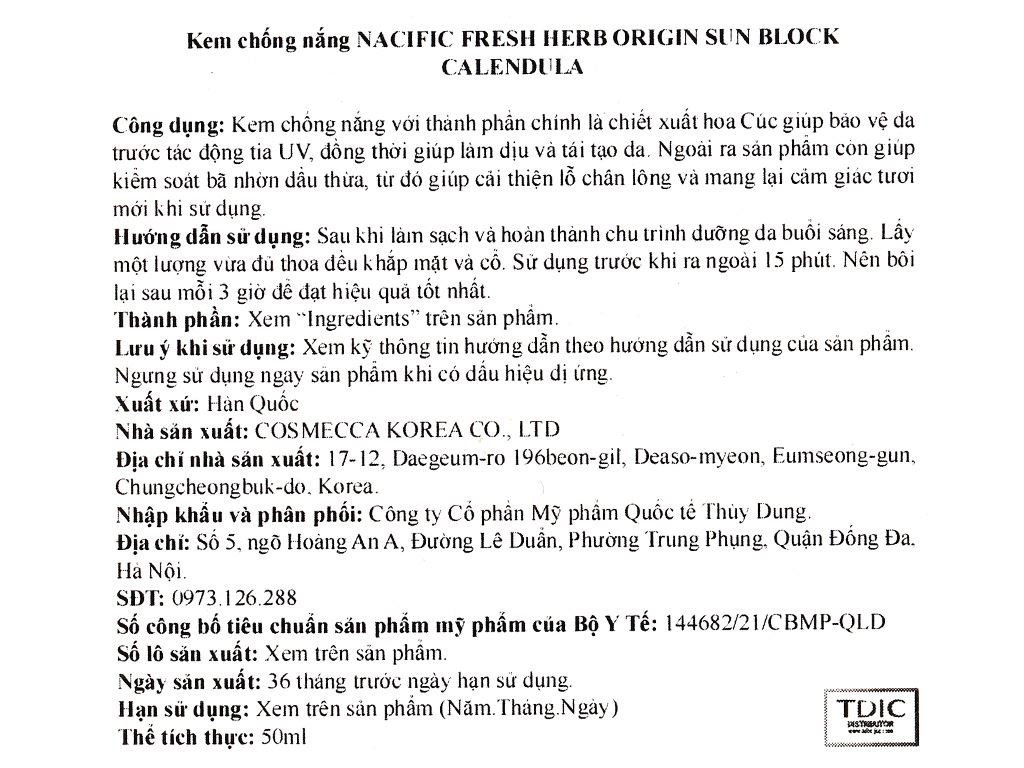 Kem chống nắng Nacific Fresh Herb Origin Sun Block Calendula 50ml 6