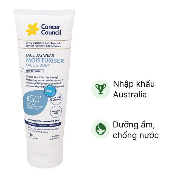 Kem chống nắng Cancer Council Moisturiser SPF50+ dưỡng ẩm, bảo vệ da