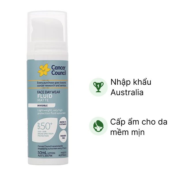 Sữa chống nắng Cancer Council Fluid Matte SPF50  cho da mặt chai 50ml
