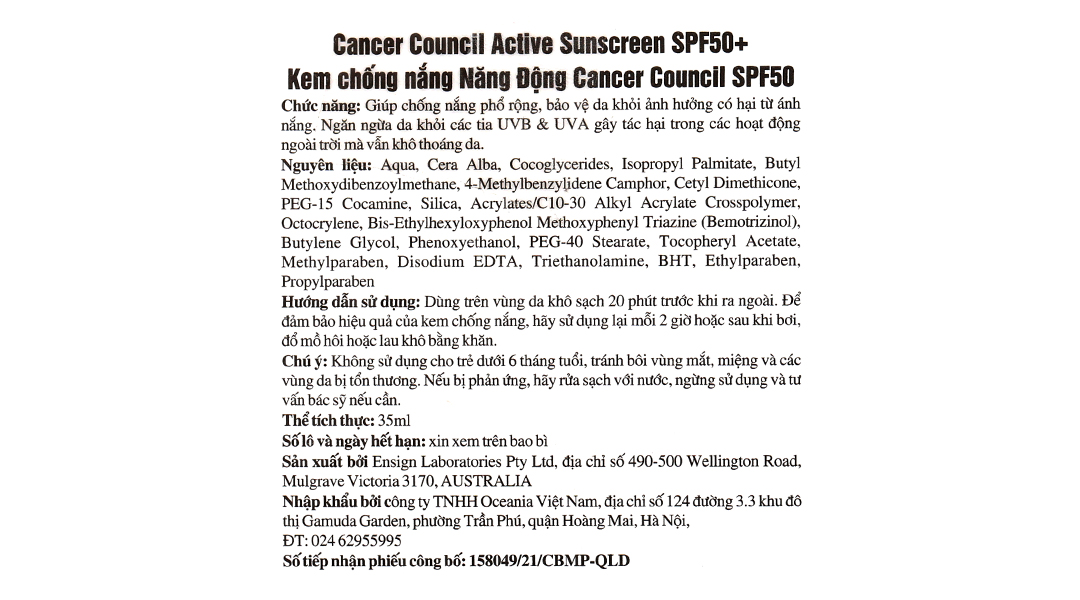 Kem chống nắng Cancer Council Active Sunscreen SPF50+ giúp bảo vệ da