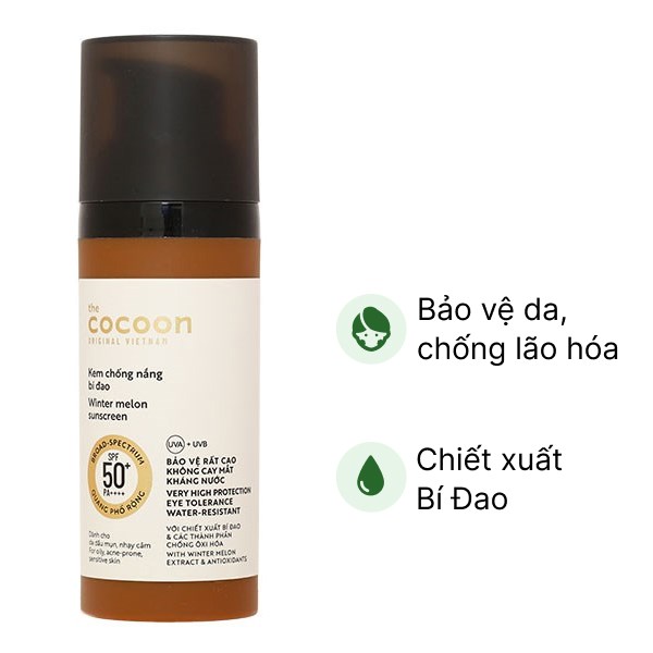 Kem chống nắng Cocoon bí đao SPF50 / PA     cho da nhạy cảm, dầu mụn chai 50ml