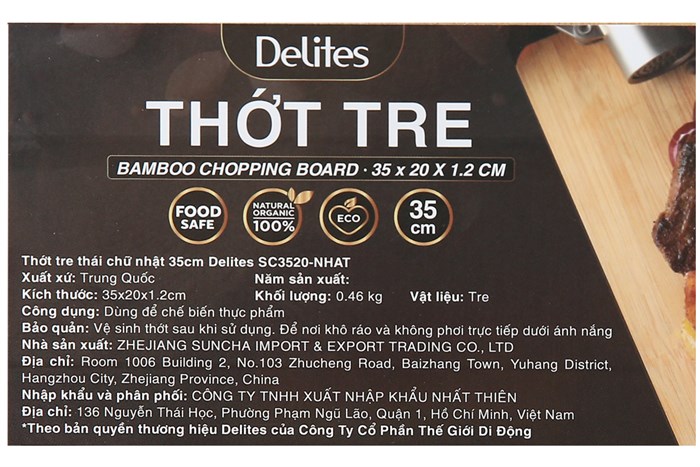 Thớt thái tre chữ nhật 35 x 20 cm Delites SC3520-NHAT Màu Nâu