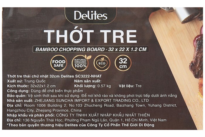 Thớt thái tre chữ nhật 32 x 22 cm Delites SC3222-NHAT Màu Nâu