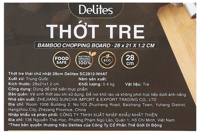 Thớt thái tre thái chữ nhật 28 x 21 cm Delites SC2812-NHAT Màu Nâu